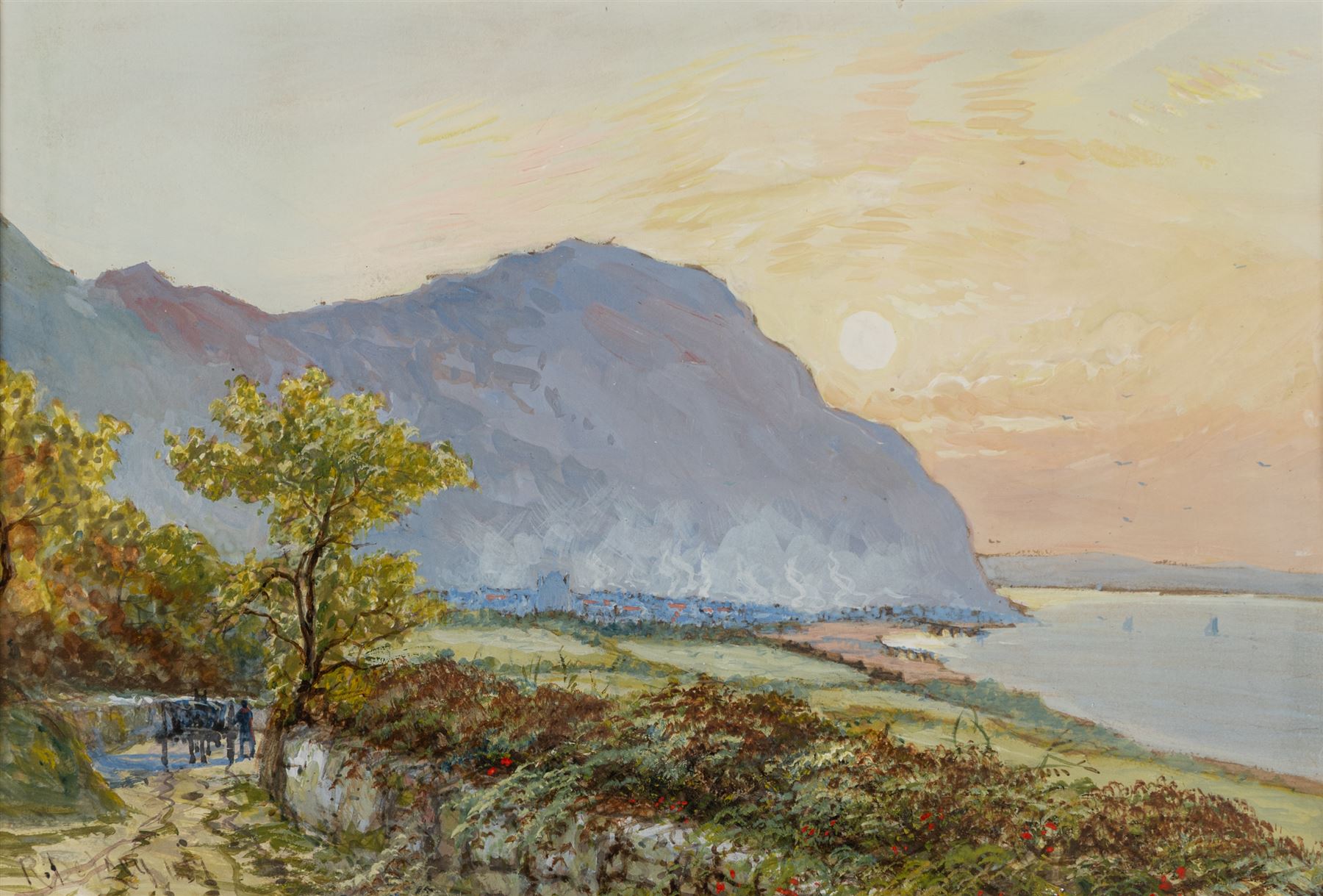 Attrib. Charles John de Lacy (British 1856-1929): Coastline at Sunrise, gouache signed R De Lacy and dated 1889, 18cm x 26cm
Notes: The reverse of this painting has been inscribed 'C J De Lacy - Painted over the original sketch of Dad. October 1889.'