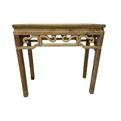 Chinese Ming design elm side table, rectangular top over shaped frieze rails, on square supports with curved outer edge 