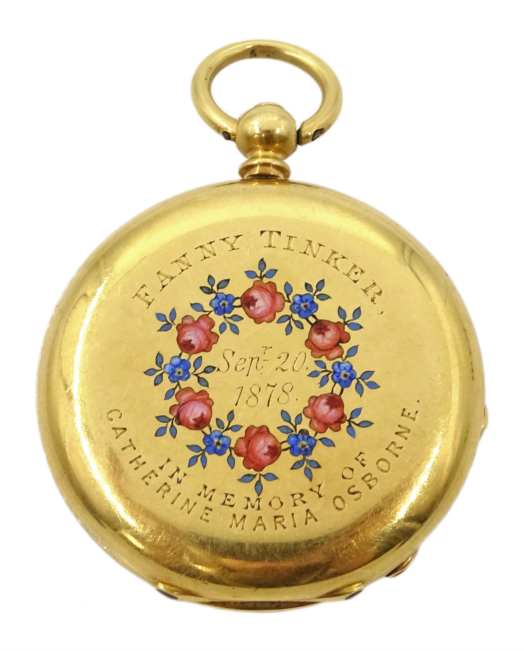 Victorian 18ct gold open face key wound cylinder ladies pocket watch, gilt dial with Roman numerals, the back case with blue enamel forget me not flower and pink flower decoration and engraved 'Fanny Tinker Sep 20 1878 in memory of Catherine Maria Osborne', retailed by W Brown, Sheffield, stamped 18K
