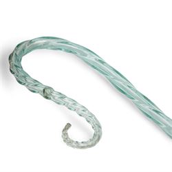 Five glass walking canes, including a Victorian cane with red helix twist pattern, shepherds crook, with barley twist decoration, amber glass and two others, max L155cm approx 