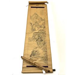 Set three 19th/20th century Chinese paper scrolls, one painted with a seated gentleman with character signature and two seals, the next depicting two herons, the last a mountainous landscape, each inscribed on the outer edge