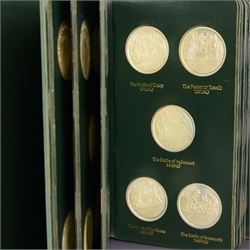 Limited Edition Danbury Mint 'History of the English Speaking Peoples' complete set of fifty silver medallions, each depicting historical figures and scenes from Julius Caesar Lands 55BC to Second World War 1939AD, contained within leatherette folder with personalised presentation to cover and interior, no. 2780/7500