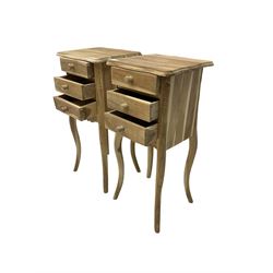 Pair hardwood bedside lamp tables, shaped rectangular top over three drawers, shaped apron, raised on cabriole supports