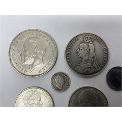 William IIII 1836 fourpence coin, Queen Victoria 1890 double florin, King Edward VII 1904 sixpence, approximately 370 grams of Great British pre 1947 silver coins including King George V 1935 crown and two Queen Elizabeth II Australia 1966 silver fifty cent coins 