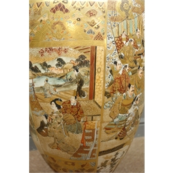  Meiji period Japanese Satsuma floor vase, of ovoid form, decorated with enamels and gilt, having four panels Daimyo Procession, Samurai in full armor and female figures in an interior setting, on grounds of scrolls and geometric designs with hardwood stand, red painted signature to base, H76cm (a/f)  