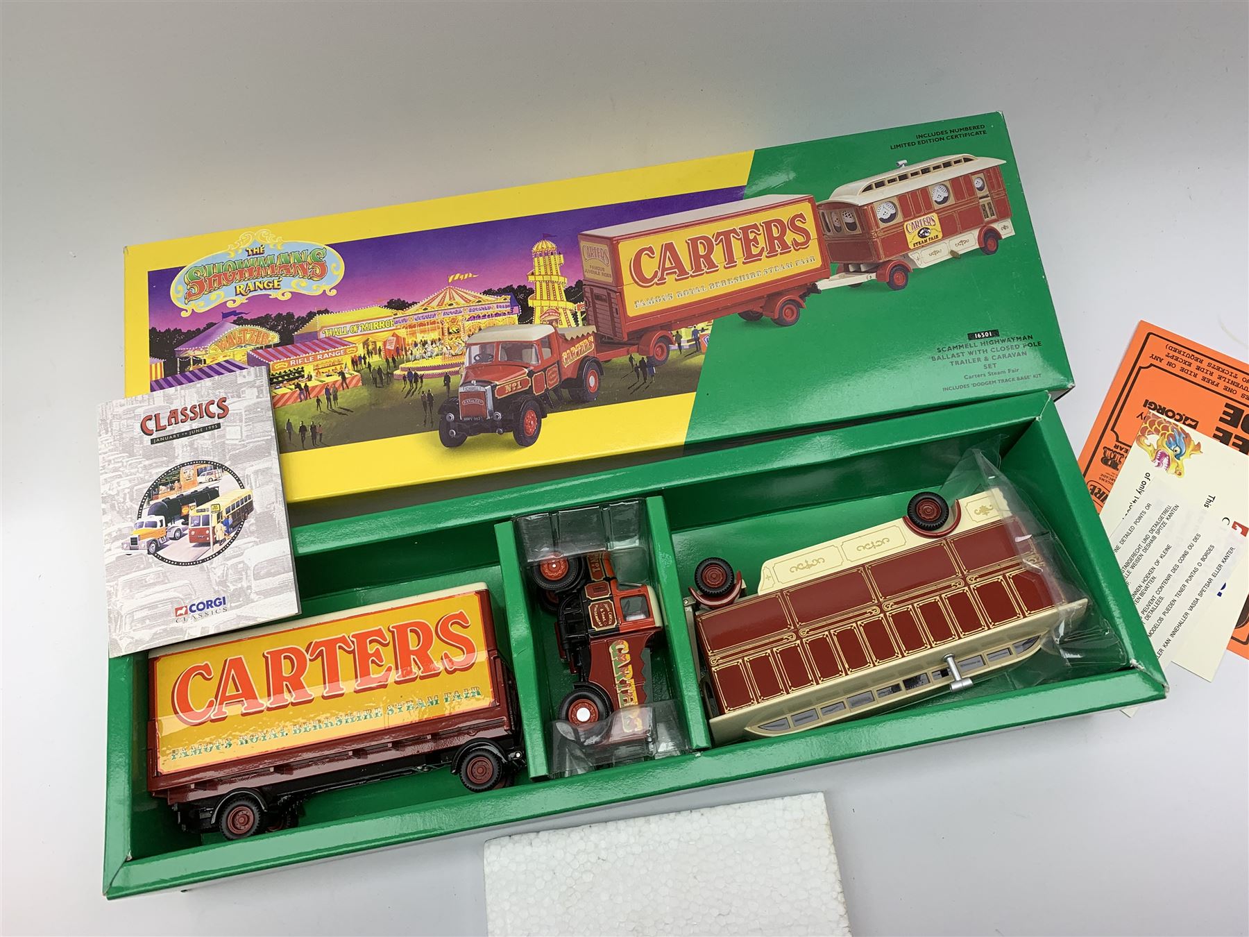 Corgi Showmans Range - twelve vehicles comprising 24801 Leyland Dodgem Truck & Caravan Set, 16501 Scammell Highwayman Ballast with Closed Pole Trailer & Caravan Set, 15901 Scammell Highwayman Generator with Closed Pole Trailer & Dodgem Trailer Set, 16502 Scammell Highwayman Ballast with Closed Pole Trailer & Caravan Set, 21701 AEC Closed Pole Truck with Closed Pole Trailer Set, 12601 Foden Closed Pole Truck Set, 27801 Atkinson Open Pole Truck Set, 09901 ERF Dodgem Truck & Box Trailer Set, 27602 Atkinson 8 Wheel Rigid Truck & Trailer with Loads Set, 24401 Leyland 8 Wheel Rigid Truck Set, 16101 Scammell Highwayman Crane Set and 06601 Morris 1000 Advanced Publicity Van Set; all virtually mint and boxed with certificates and paperwork (12)