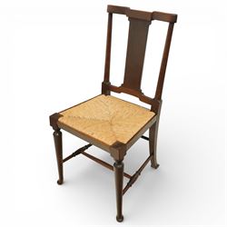 Pair of Morris & Co ‘Hampton’ design chair attributed to H. Howes, the shaped rectangular back with central splat over a rushed seat, on turned supports united by stretchers