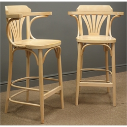  Pair lightwood bentwood high bar stools, pierced splat, four supports and stretchers W57cm, H101cm, D42cm (2)  