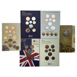 Six The Royal Mint United Kingdom uncirculated coins or sets, comprising  2008 'Queen Elizabeth I' five pounds, 2010 twelve coins, 2012 'Definitive' eight coins, 2013 'Definitive' eight coins, 2014 'Definitive' eight coins and 2015 'The Fourth Circulating Coinage Portrait Final Edition' eight coins, all in card folders