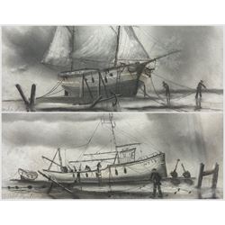 Joseph Hamilton (British 20th Century): Mooring Ships, pair oil pastel sketches indistinctly signed 24cm x 49cm (2)
