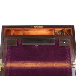 Rosewood writing slope, with brass inlaid decoration, the lid opening to reveal a purple writing slope, H17cm, L51cm