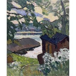 Arthur Harold Lindberg (American 1895-1977): Fishing Huts and the River, oil on canvas signed and dated '52, 63cm x 52cm 