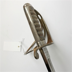 George V Army officer's dress sword with 89cm fullered steel blade inscribed Hobson & Sons Lexington Street Golden Square to the ricasso, royal cypher and scrolls to both sides, three-bar hilt and copper bound fish skin grip, in polished steel scabbard L104cm overall