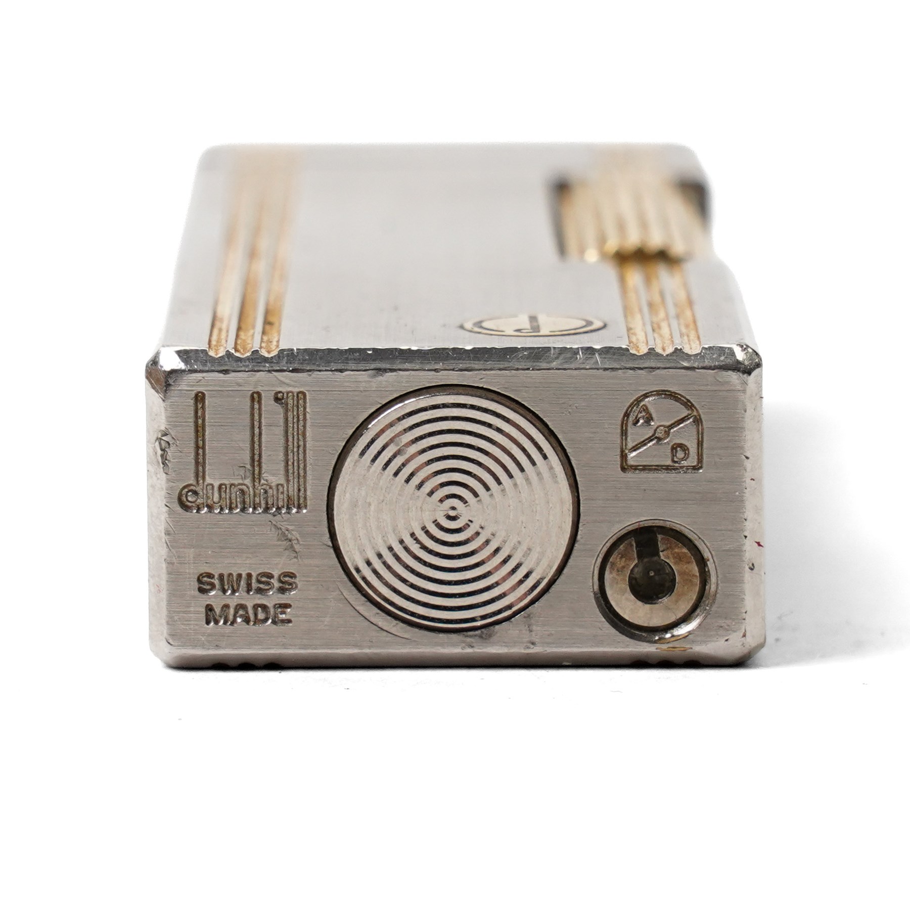 Dunhill - Rollagas lighter, silver-tone metal with gilt linear decoration and gilt ribbed thumbpiece, H6.5cm 