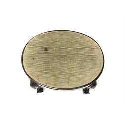 Georgian style walnut stool of oval form with plain frieze and upholstered drop-in seat on four cabriole legs each carved with stylised shell and husks, scrolling and textured brackets and ball and claw feet