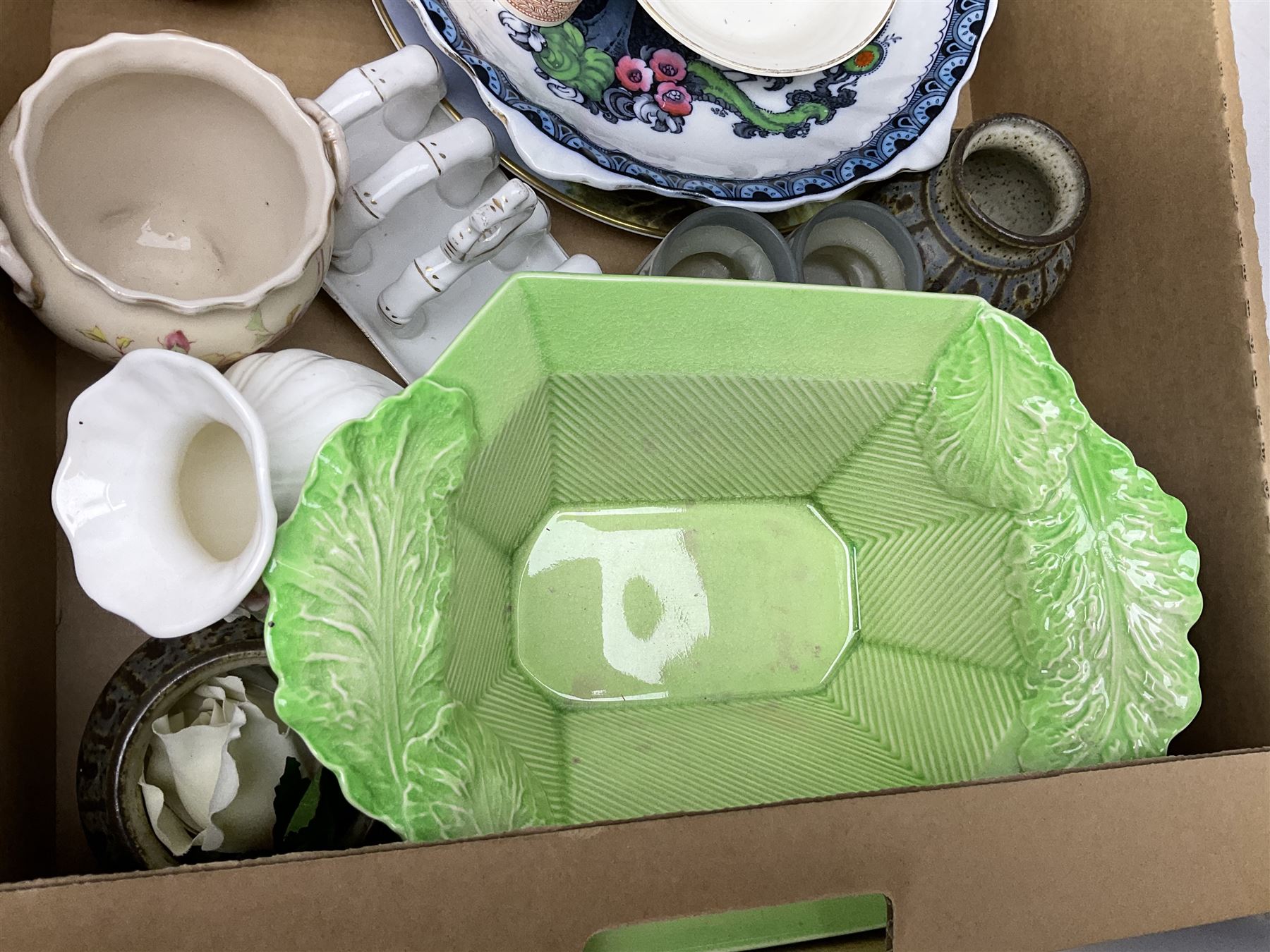 Collection of ceramics to include Bretby jardinière, Royal Worcester, Palissy, Royal Doulton Dickens Ware, Carlton ware, 19th century small dish painted with roses and foliate decoration, lustre, Poole etc in two boxes