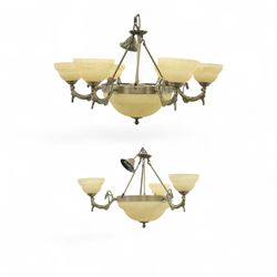 Set of two modern chandeliers, brass coloured metal frames with scrolling branches and ala...