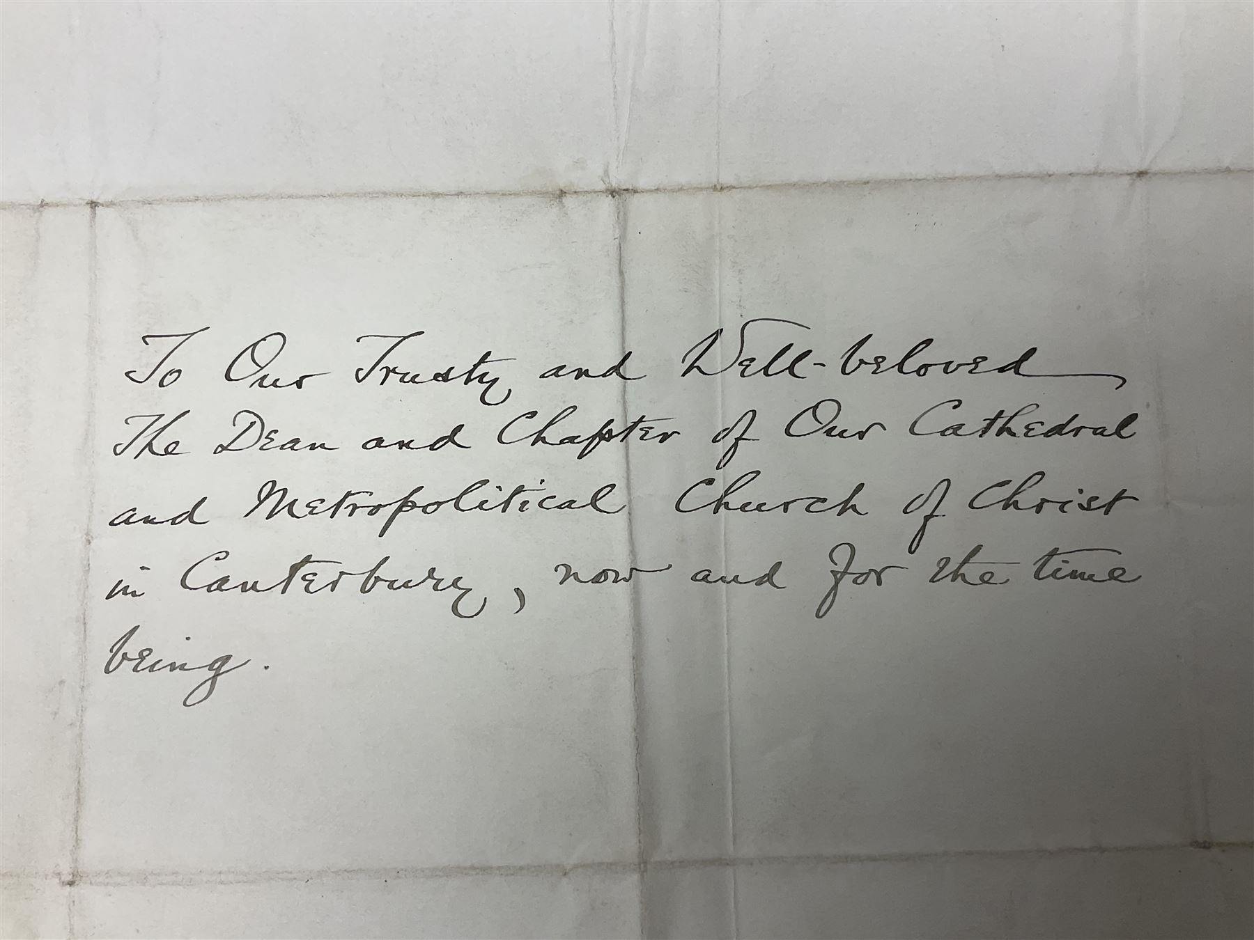 VICTORIA: (1819-1901) Queen of the United Kingdom Great Britain & Ireland 1837-1901. Vintage ink signature ('Victoria Rg') on a manuscript document appointing William Deverson as a bedesman at Canterbury Cathedral; folded single sheet 33 x 40cm blind stamped to top left corner for Secretary of State Home Department; further folded for delivery with remains of blind embossed seal affixed to one edge; together with a manuscript letter from Windsor Castle dated 14th April 1854 acknowledging receipt of two letters advising Queen Victoria of the deaths of a number of high ranking soldiers (2)