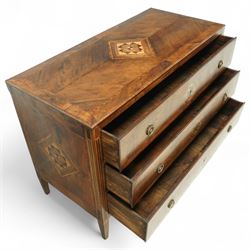 Large 18th-century North Italian walnut commode, rectangular top with quartered veneer, central parquetry inlay and raised moulded edges above three drawers with brass ring handles, cross banding and further central parquetry inlay, supported on square tapered feet