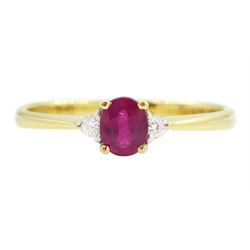 18ct gold three stone oval cut ruby and round brilliant cut diamond ring, stamped 750, ruby approx 0.30 carat