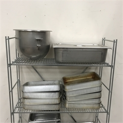  A quantity of large pans, gastro pans and a shelving rack  