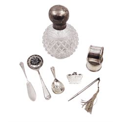 Group of silver, to include cut glass scent bottle with silver top, pair of napkin rings, Whisky decanter label, propelling pencil and flatware, all hallmarked 