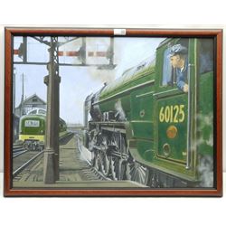 Brian Lister (British 20th century): Locomotive 'Scottish Union' 60125 Leaving Leeds Central Station, oil on board unsigned, label verso 50cm x 66cm