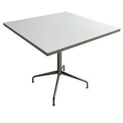 Set five contemporary white finish tables, square top raised on chrome pedestal with quadruped base (5) 