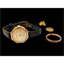 18ct gold single earring, 9ct gold chain and rose gold wedding band and a 9ct gold cased R...