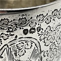 Late Victorian silver bachelors three piece tea service, comprising bullet shaped teapot, open sucrier and milk jug, each engraved with monogram surrounded by birds upon and amidst a blossoming vine, the teapot with scroll capped curved wooden handle and wooden finial to cover, hallmarked Wakely & Wheeler, London 1890, teapot including handle H12cm, sucrier H5.5cm 