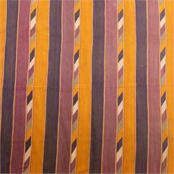 South West Persian Qashqai flatweave kilim, field decorated with bold horizontal bands in shades of aubergine, plum and orange, ochre, olive and lilac, interspersed with narrow registers of diagonal chevron motifs in cream and dark brown, framed by brown end panels, with fringe ends 
