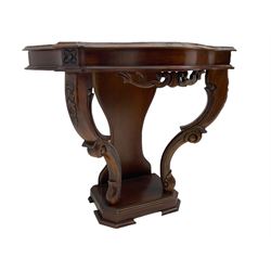Victorian style mahogany console table, shaped moulded top on scrolled supports, moulded and canted base (W91cm, H76cm, D41cm), and a reproduction mahogany console or side table on reeded supports 