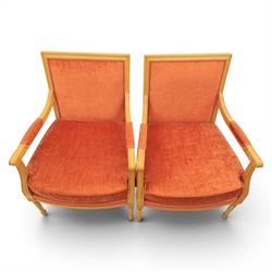 Pair of mid-20th century beechwood fauteuil armchairs, upholstered backrest and seat in terracotta velvet fabric, padded armrests with scroll detail, on tapered fluted supports with carved floral rosette blocks (very modern and not a desirable timber)