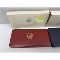 First National Coinage of Barbados 1973 proof eight coin set, from ten dollars to one cent, the ten dollar coin minted in sterling silver, the five dollar coin minted in 800 silver, and a Barbados 1974 proof eight coin set, both minted at The Franklin Mint, cased with certificates; two Republic of Malta decimal proof coin sets, dated 1978 and 1979, the 1979 one pound coin minted in sterling silver, both minted at The Franklin Mint, cased with certificates; Cayman Islands 1973 proof eight coin set, minted at the Royal Canadian Mint, cased; and a Cayman Islands 1979 proof eight coin set, the five dollar to fifty cents coins each minted in sterling silver, minted at the Franklin Mint, cased with certificate (6)