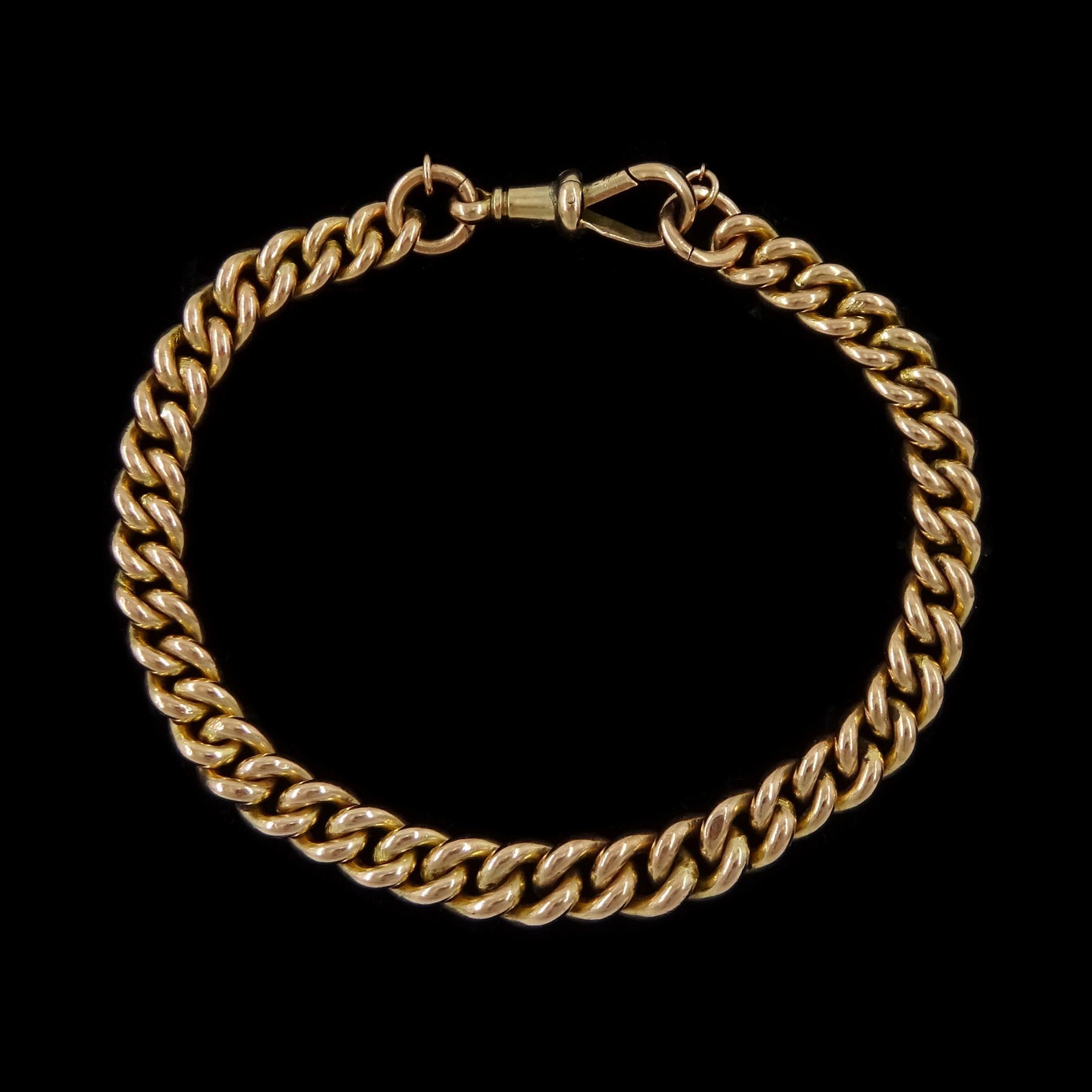Edwardian 9ct rose gold, graduating curb link bracelet, with lobster clasp, each link stamped 9.375, Chester 1907
