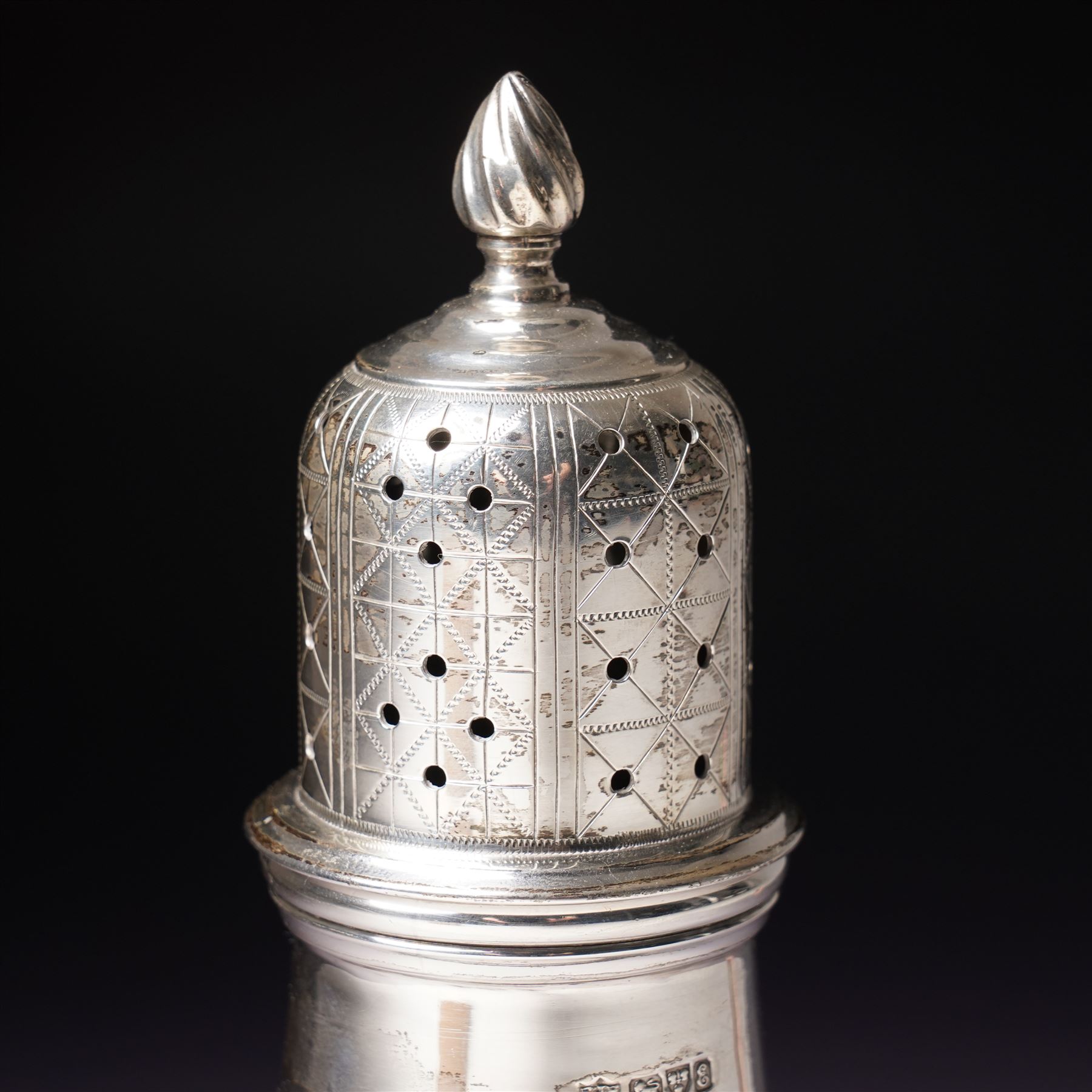 Edwardian silver baluster sugar caster with engraved pierced lid Chester 1905 Maker Haseler Bros.