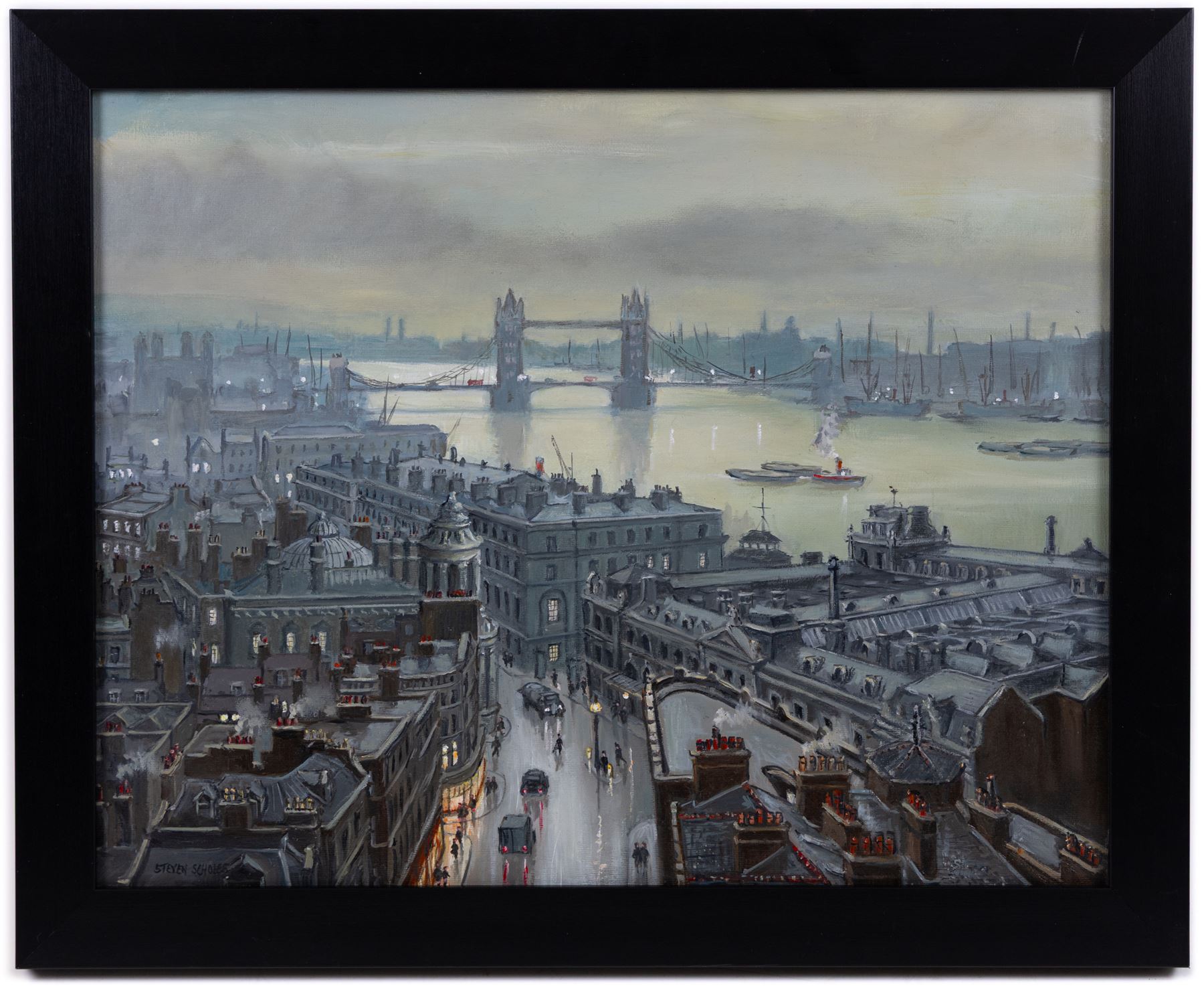 Steven Scholes (Northern British 1952-): 'Tower Bridge and Billingsgate Fish Market - London 1958', oil on canvas signed, titled verso 38cm x 49cm