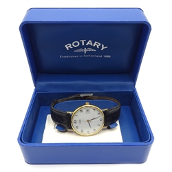  Rotary 9ct gold quartz wristwatch, with date aperture, on original brown leather strap, boxed with receipt   