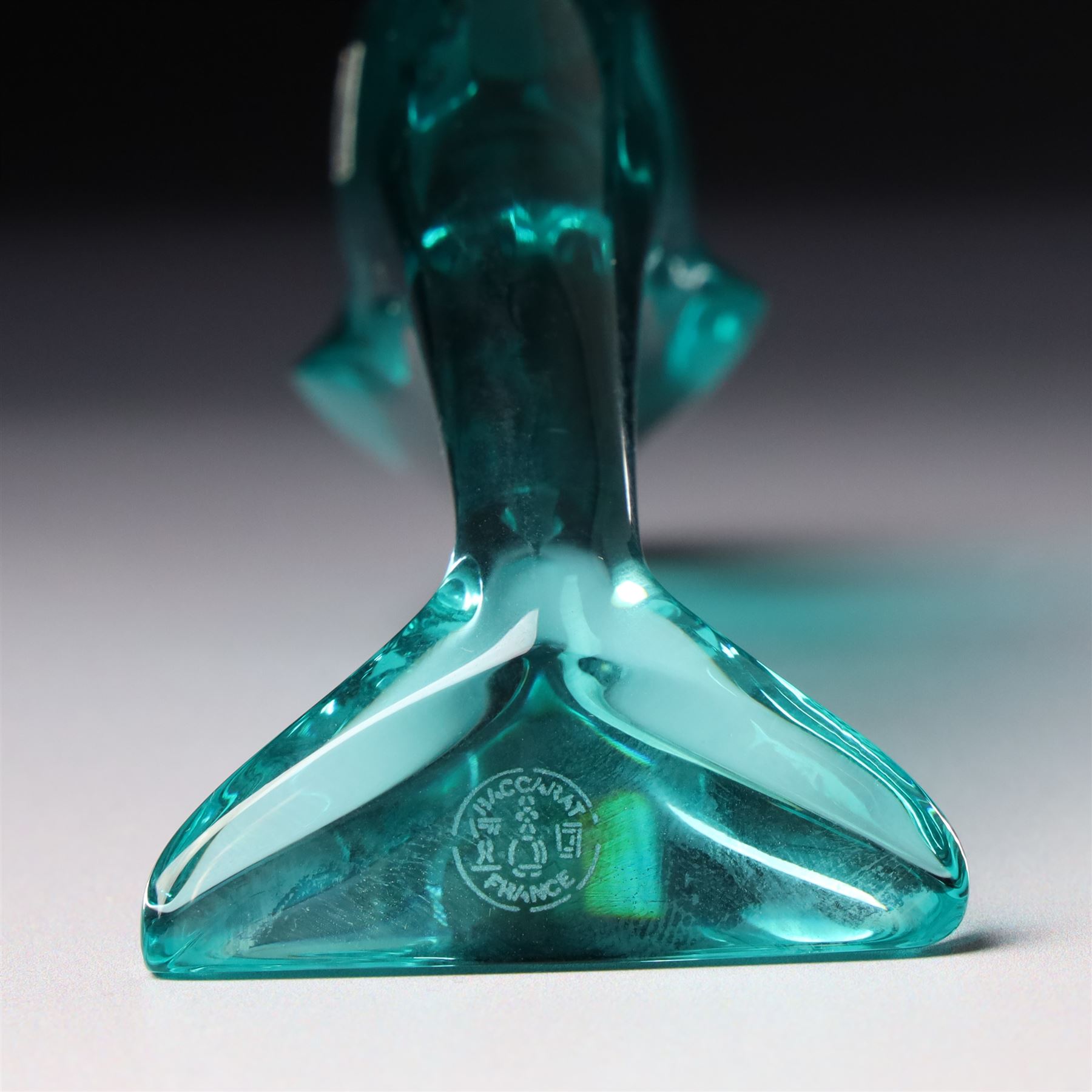Lalique clear and frosted glass dolphin, label to base W12cm, boxed and a Baccarat blue glass dolphin W16cm  in Mappin & Webb box