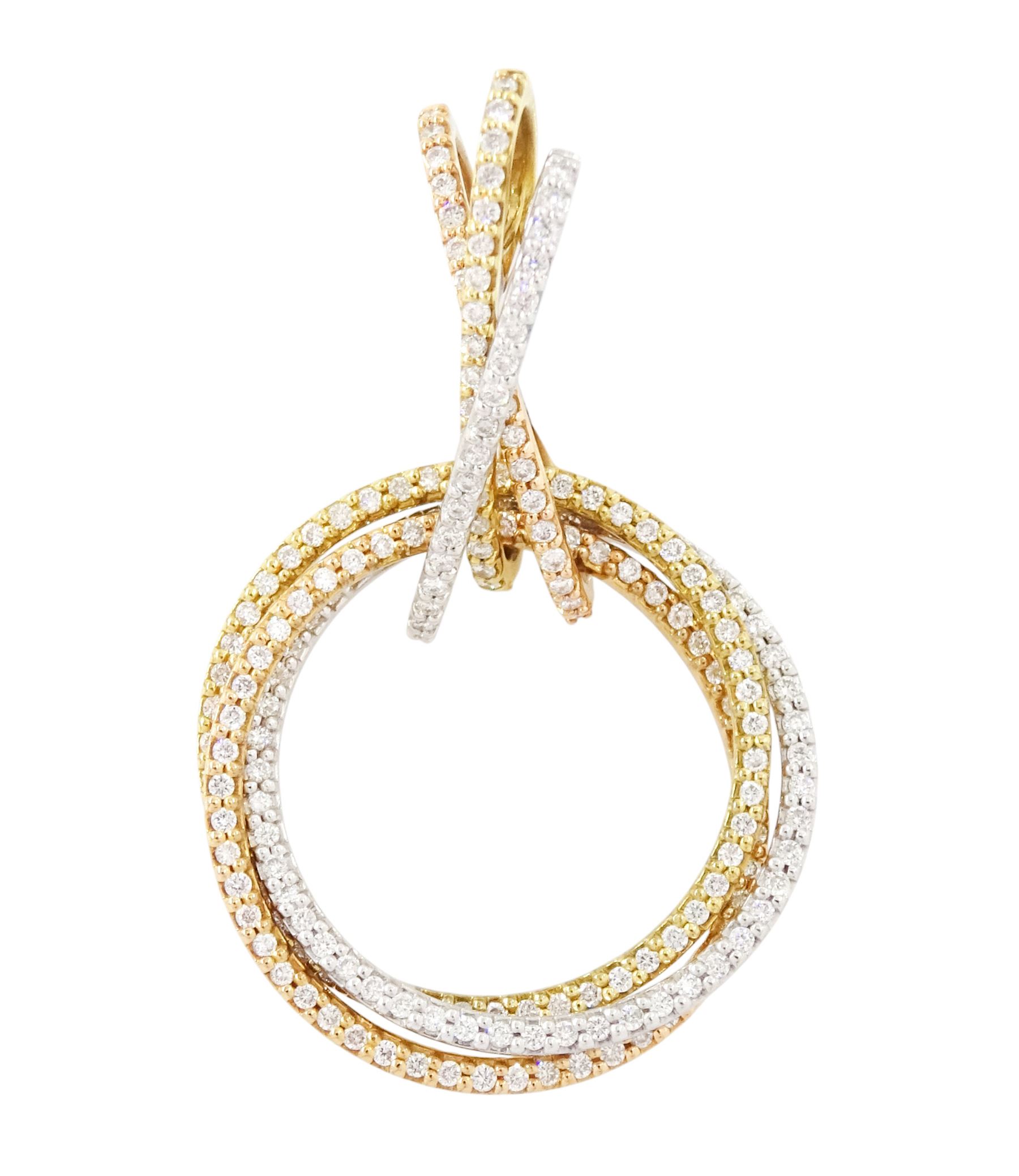 18ct tri-coloured gold diamond circular pendant, white, yellow and rose gold links each set with round brilliant cut diamonds, hallmarked