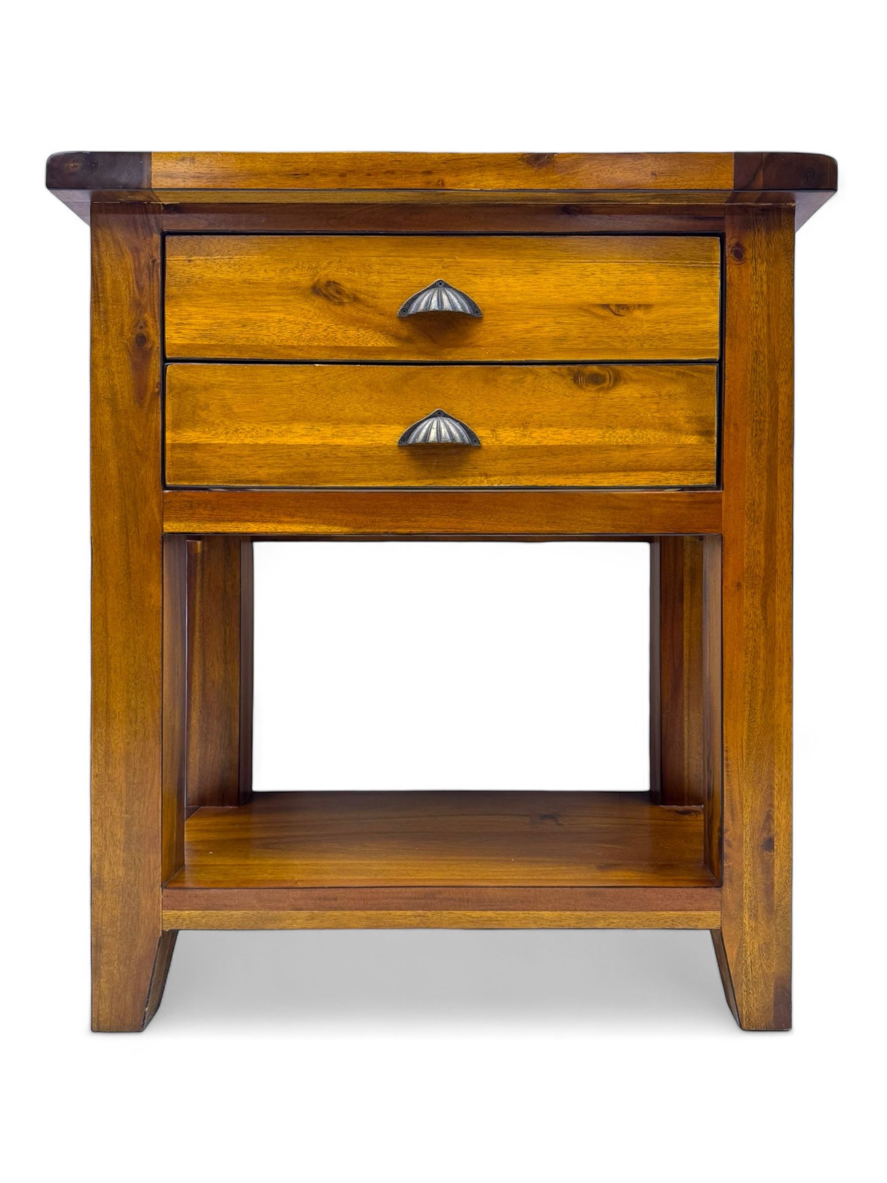 Contemporary hardwood side table, rectangular top over two drawers with shell cup handles, open shelf below, raised on square tapering supports