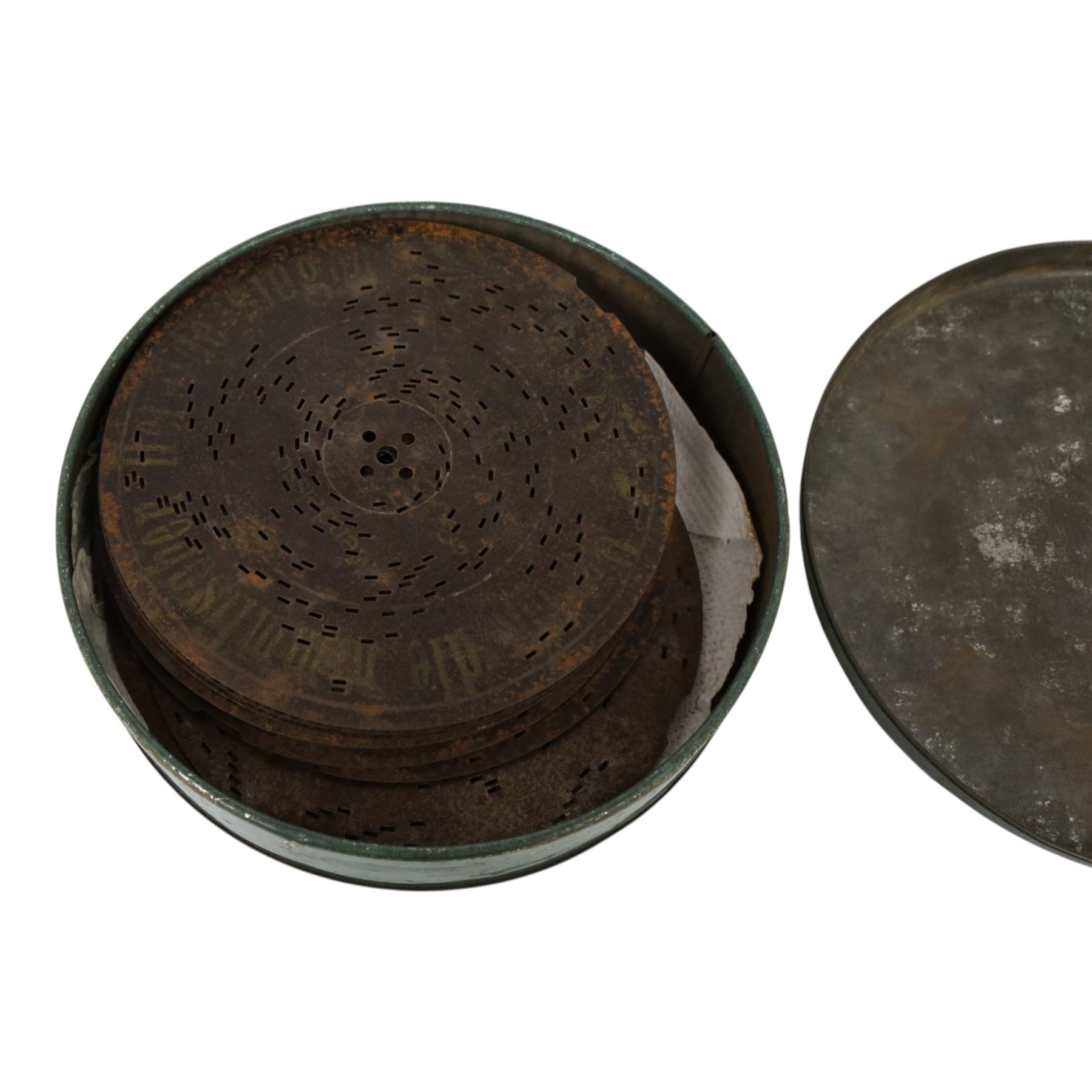 German late 19th century Polyphon, in a mahogany finished case with floral decoration to cover, serial no. 17707, with thirteen discs, H12.5cm, W20cm