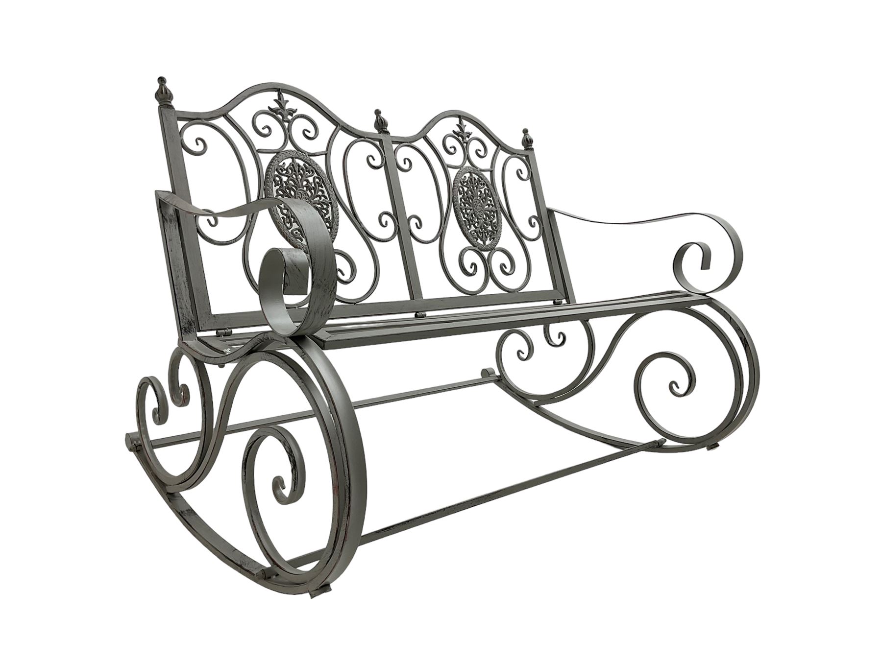Regency design wrought metal rocking garden two seat, pierced back with scroll design over strap seat, with C-scroll back supports, in antique grey finish
