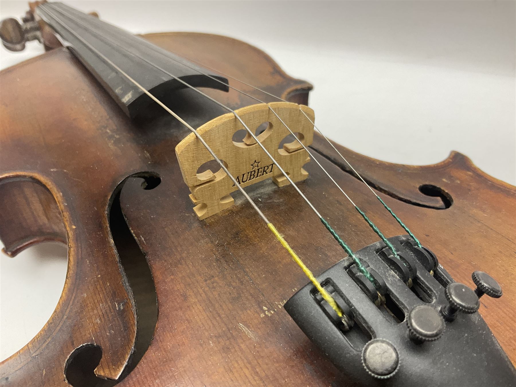 German trade violin in the Steiner style c1900 with 35.5cm two-piece maple back and ribs and spruce top L59cm overall; in fitted carrying case with two bows; and a Saxony violin with 35.5cm one-piece maple back and ribs and spruce top L58.5cm overall (2)