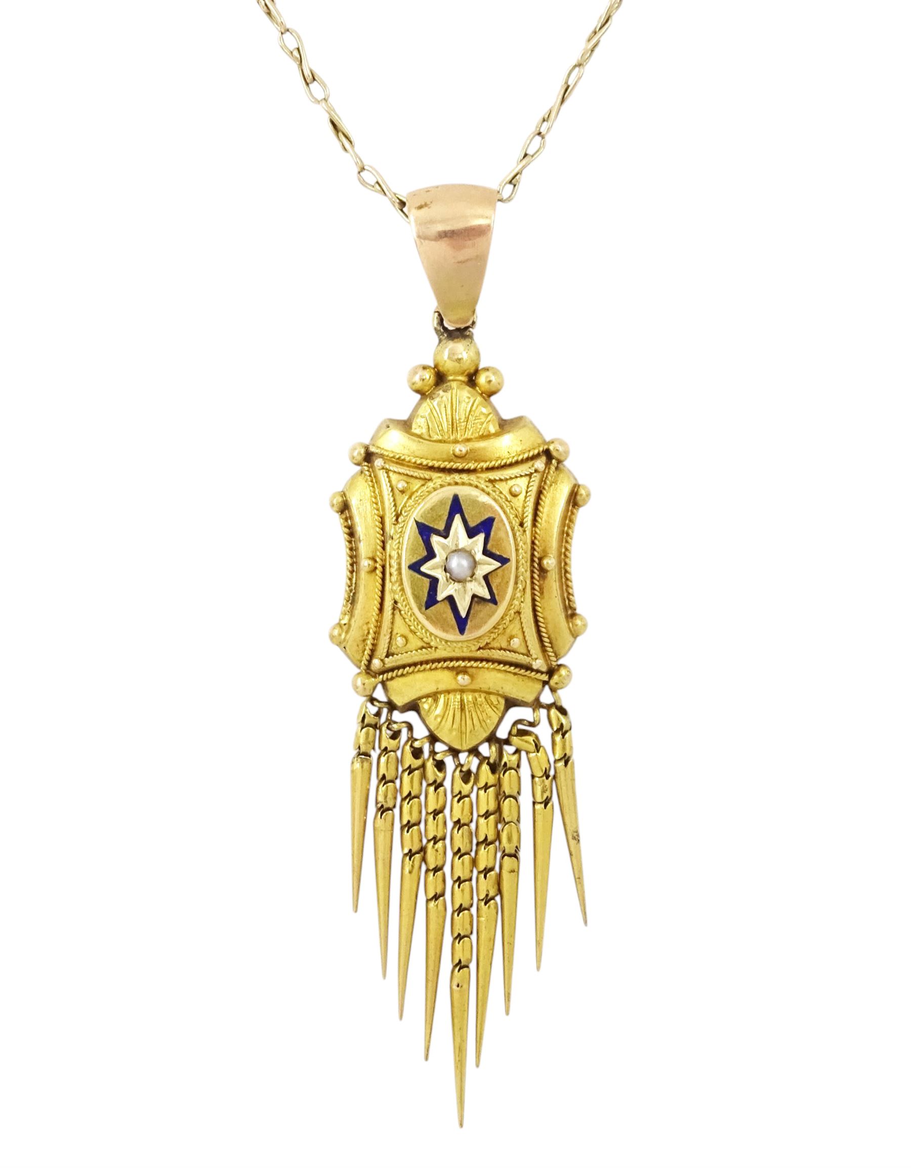 Victorian 18ct gold tassel pendant, applied star set with a single seed pearl and blue enamel surround, within a fancy bead and wirework frame, on a 10ct gold fancy chain link necklace