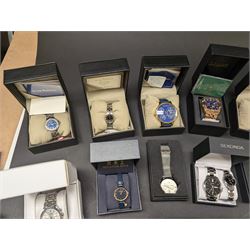 Collection of wristwatches including Accurist chronograph, Gamages automatic, six Krug-Baumen diamond, Minster, Halcyon Days, Seconda, Lorus etc