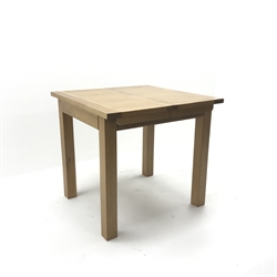  Light oak extending dining table, square supports (W80cm, H75cm, D113cm) and four dining chairs, upholstered seat (W46cm)  