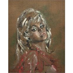 Betty Raphael (British 20th century): Portrait of a 60s Female, set three oils on hessian canvas signed 50cm x 39cm (3)
