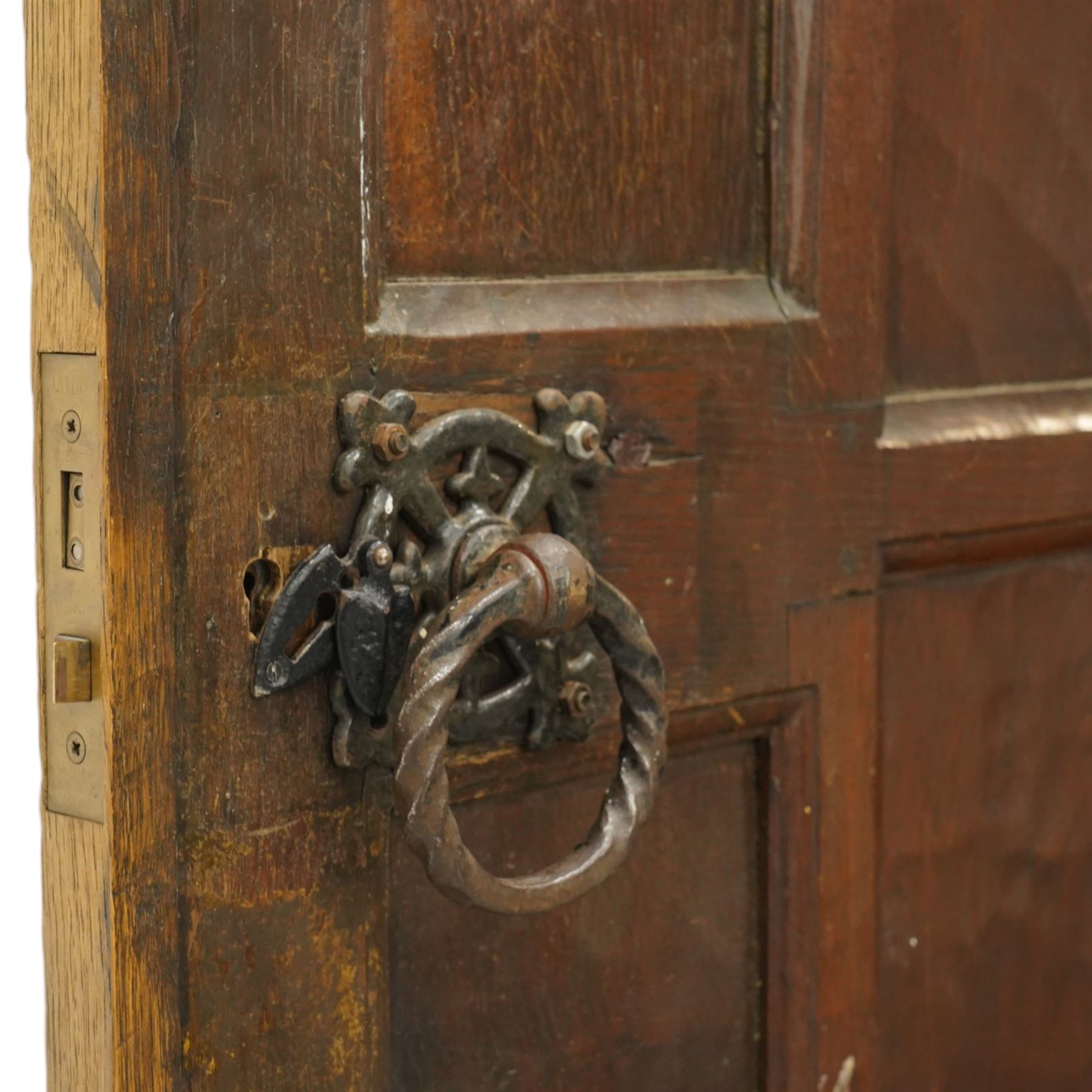 Mouseman - 1940s panelled and adzed oak front door with frame, iron rope twist handles, with carved mouse signature, by Robert Thompson of Kilburn 