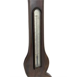 Hitzman & Co of Cambridge - Early 19th century mahogany mercury wheel barometer c1830,
With a broken pediment and finial, rounded base, and lined stringing to the edge, cast brass bezel with an 8-inch circular silvered register calibrated in inches and signed Hitzman & Co, Cambridge, with brass setting pointer to the glass, beneath an arched 12” Fahrenheit scale spirit thermometer with a silvered register. Joseph and Henry Heitzman were German barometer makers and clock importers who lived and worked in Trinity Street Cambridge 1820-1900, often found as here spelt Hitzman.
